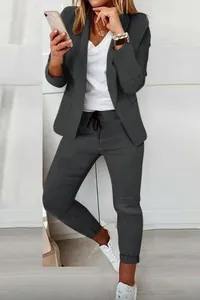 Professional women's casual blazer suit set in charcoal gray with drawstring pants