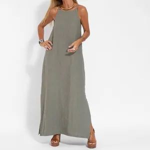 Elegant olive green cotton linen camisole maxi dress with stylish side slits for women