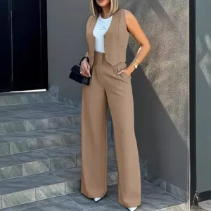 Elegant two-piece tan business casual vest and wide-leg trousers set for women