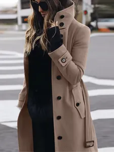 Elegant slim fit tan wool coat for women featuring a high collar and large button details
