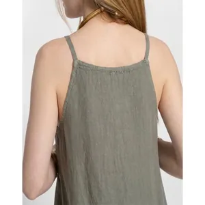 Close-up back view of a sage green cotton linen sleeveless dress with thin straps