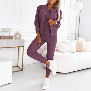 Elegant mauve casual 3-piece outfit featuring striped bomber jacket and joggers