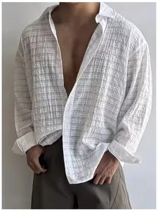 Camicia Casual da Uomo a Maniche Lunghe Vintage Americano Texture Increspata Poliestere Top Moda Elegante Minimalista Tinta Unita