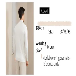 Model wearing a white half-high collar knit sweater with size and measurement info