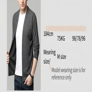 Detail view of men's grey open-front knit cardigan with model size specifications