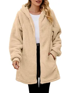 Front view of a cozy loose-fitting beige fleece hoodie featuring zipper and side pockets