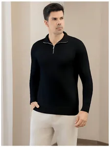 Classic black men's quarter-zip polo sweater in a slim-fit knit for business casual wear