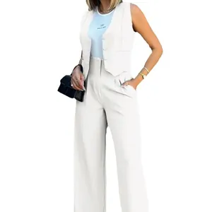 Elegant white vest and wide-leg trousers two-piece business casual suit set for women