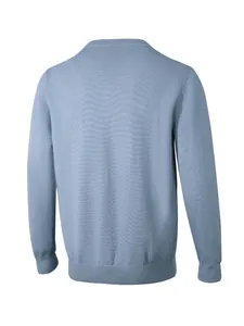 Back view of a premium minimalist men's light blue long-sleeved knitted sweater for autumn