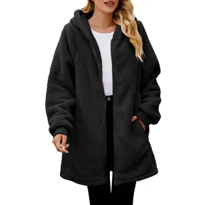 Detailed frontal view of black fuzzy sherpa hooded zip-up cardigan jacket for women
