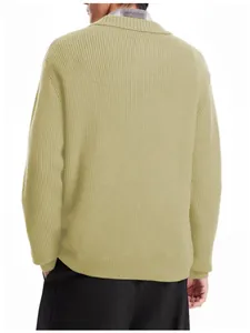 Detailed back view of a men's light yellow ribbed knit polo sweater for autumn season