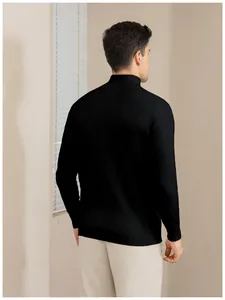 Back view of a men's slim-fit black half-turtleneck long-sleeve knit sweater.