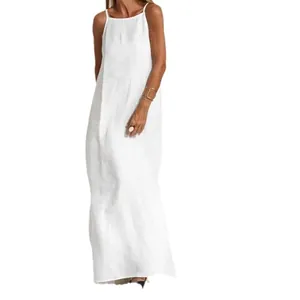 Elegant white cotton linen maxi dress with spaghetti straps and a casual loose fit.