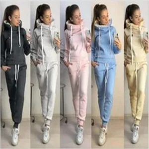 Detailed collage of women's two-piece tracksuit set in five different colors.