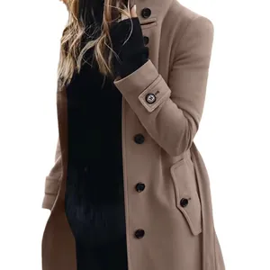 Eleganter khakifarbener taillierter Wollmantel für Damen, ideal für Herbst und Winter