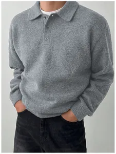 Detailed close-up showing the soft grey texture of this men's polo collar knit sweater