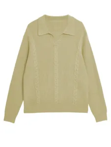 High quality detail view of a retro cable-knit men's polo sweater in light olive green