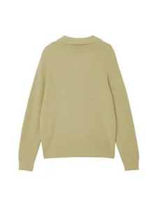 Detailed back view of a men's olive green ribbed knit sweater with lapel collar.