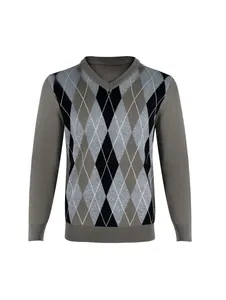 Detailed front view of men's knitted V-neck sweater with classic grey argyle pattern
