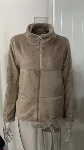 Women's brown faux fur plush jacket featuring a stand collar and elegant ring zipper pull