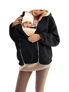 Warm winter fleece hooded sweatshirt with baby carrier kangaroo pocket for women