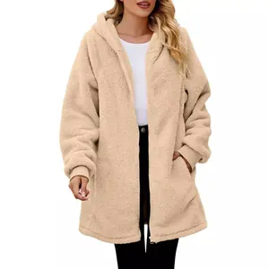 Oversized cozy beige fleece hooded jacket with zipper and front pockets for winter wear