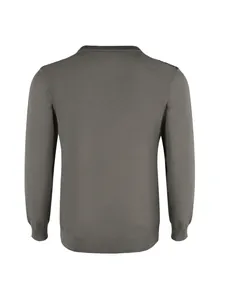 Back view of men's minimalist crewneck long sleeve knit sweater in solid grey brown