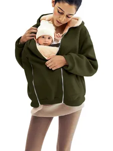 Warm winter fleece-lined hoodie featuring a functional kangaroo baby pouch in dark olive green