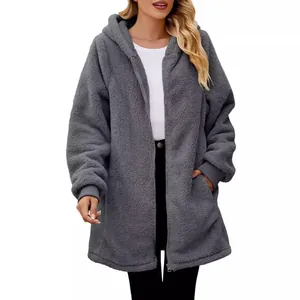Cozy oversized grey fleece hooded jacket with full zip closure for women's winter fashion