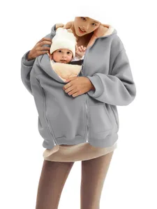 Warm winter fleece hoodie for women featuring an integrated kangaroo baby pouch