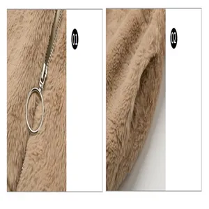 Close-up of brown faux fur jacket with silver ring zipper and side pocket details