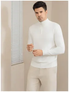 Stylish men's white slim fit half-zip knit sweater shown on model in modern indoor setting