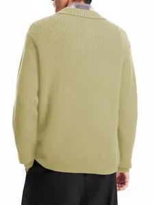 Back view of men's loose ribbed knit polo sweater in light khaki for autumn