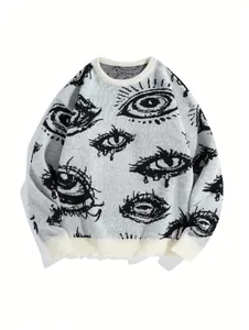 Oversize-Strickpullover im Streetwear-Stil mit grafischem dunklem Augenmuster in Grau