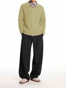 Men's vintage cable-knit polo sweater in loose fit, khaki color, classic retro casual style.