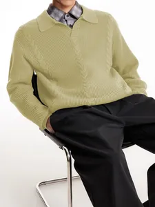 Men's vintage cable-knit sweater with lapel collar in sage green, loose casual fit style.