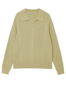 Men's retro cable knit polo sweater in khaki with loose fit style