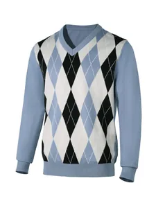 Men Retro Argyle V-Neck Sweater Jacquard Knit Pullover Long Sleeve Fashion Color Block Top Spring Autumn Knitwear
