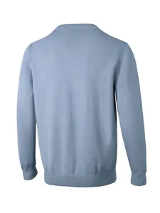 Back view of a classic light blue men's knitted long-sleeve pullover sweater.