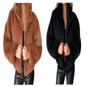 Women's autumn faux fur jackets shown in brown and black colors with zipper closure