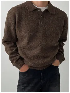 Close-up showing the soft knit texture and polo collar of this men's brown sweater