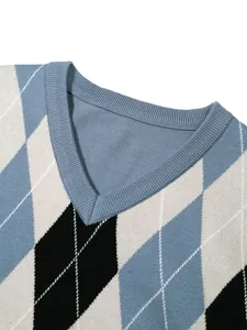 Classic blue argyle V-neck jacquard knitted sweater for men close-up view