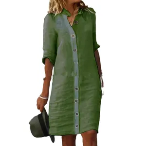 Vestido midi elegante de algodón y lino verde oliva para mujer con cuello camisero