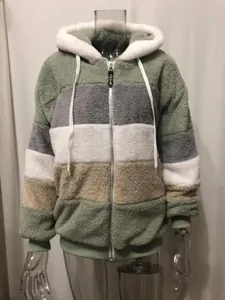 Women's colorblock plush hooded jacket featuring zipper closure shown on a mannequin