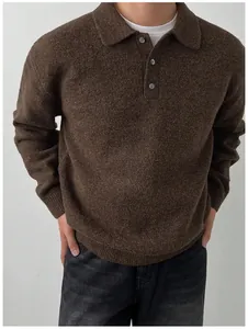 Men's brown polo collar knitted sweater with textured wool finish for casual winter style.