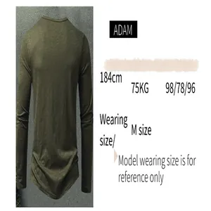 Back view of men's olive green long-sleeve Henley shirt with model size reference details.