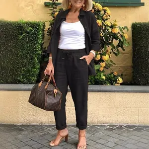 Women's summer black cotton linen two-piece set with loose shirt and harem pants