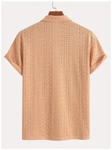 Back view of men's breathable knit shirt with vertical stripe hollow-out texture