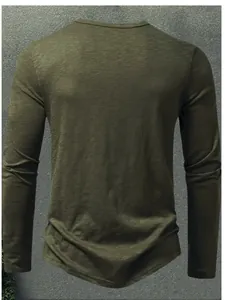 Back view of men's muscle fit long-sleeve T-shirt with textured fabric in olive green.