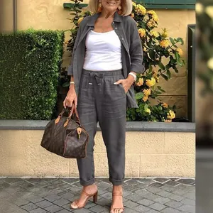 Summer casual grey two-piece cotton linen set featuring button-down shirt and harem pants
